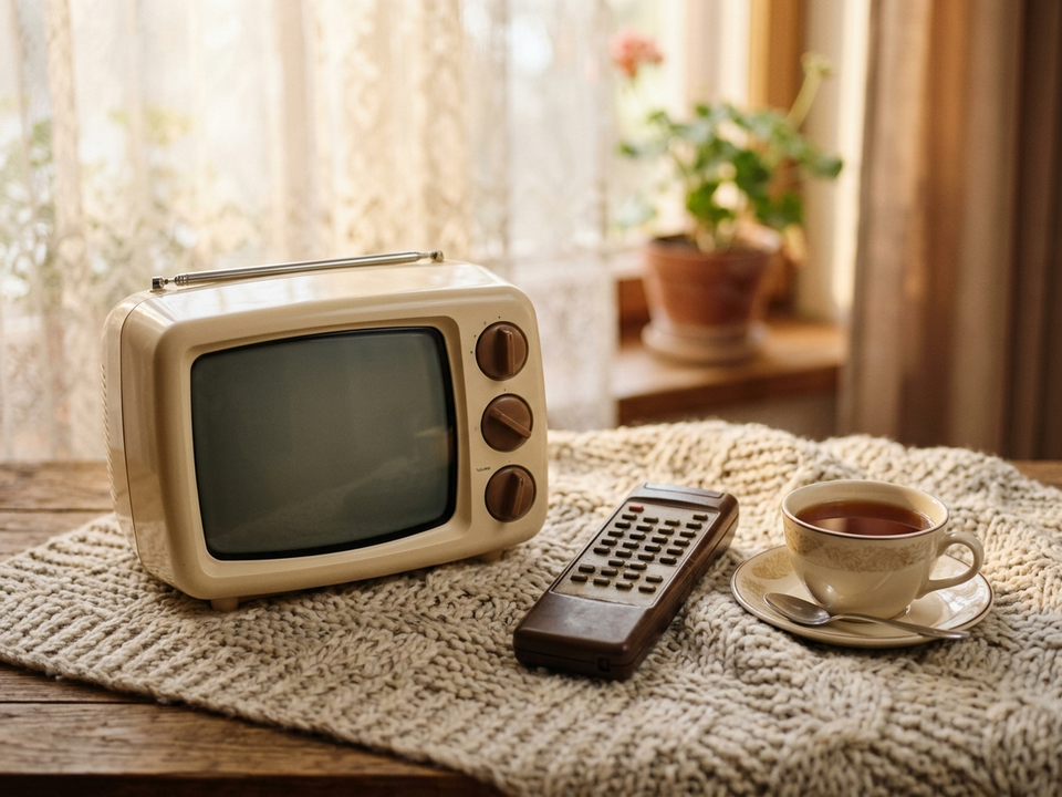Ein kleiner alter Reisefernseher und eine klobige Fernbedienung auf einer Strickdecke neben einer Tasse Tee.