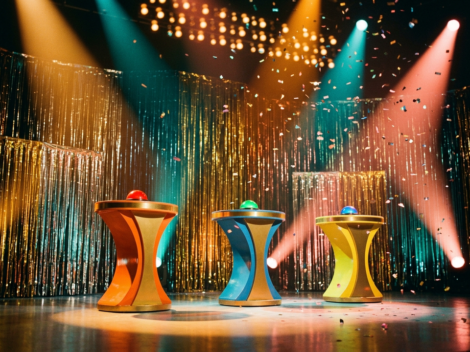 Eine Retro-Quizshow-Bühne mit drei bunten Kandidatenpulten, leuchtenden Buzzern, Lametta-Vorhängen und Konfetti.