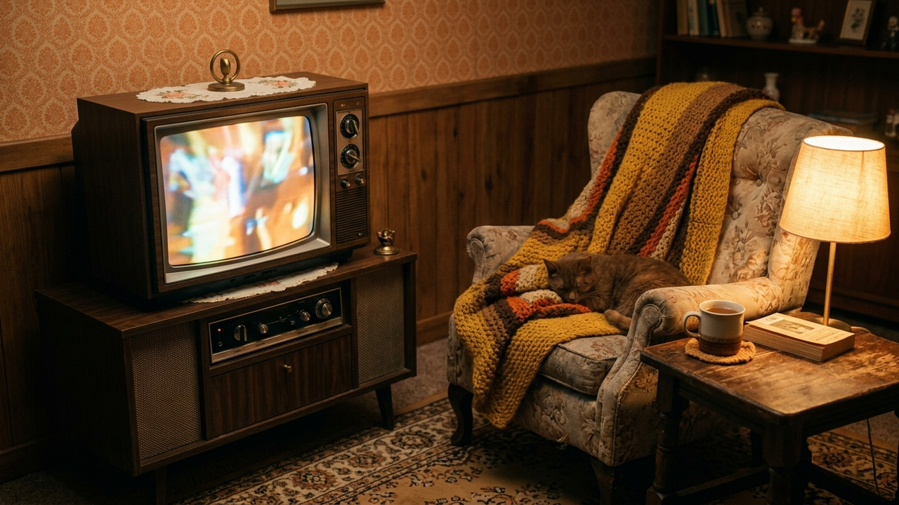 Ein alter, holzverkleideter Fernseher leuchtet sanft in einem gemütlichen Wohnzimmer der 1980er-Jahre mit Strickdecke und einer Tasse Tee.