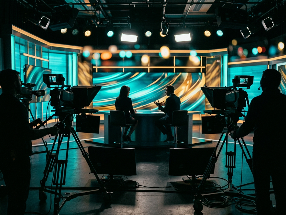 Ein Fernsehstudio von hinter den Kameras gesehen, mit Studioscheinwerfern und den anonymen Silhouetten eines Moderationspults.